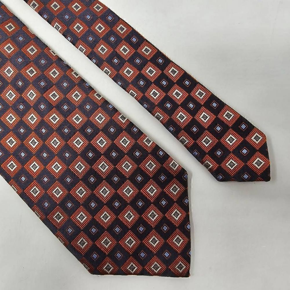 ERMENEGILDO ZEGNA SILK TIE ORANGE BLUE GEOMETRIC SQUARE ITALY TEXTURED 3.75"